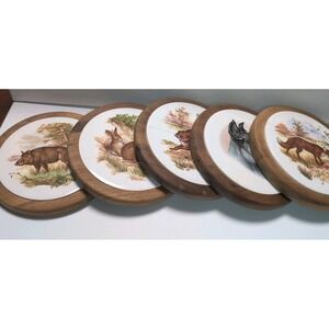 VTG GIFTWOOD Ceramic Tiles Set In Walnut Cheese Board Trivet Tray Set Of 5 USA